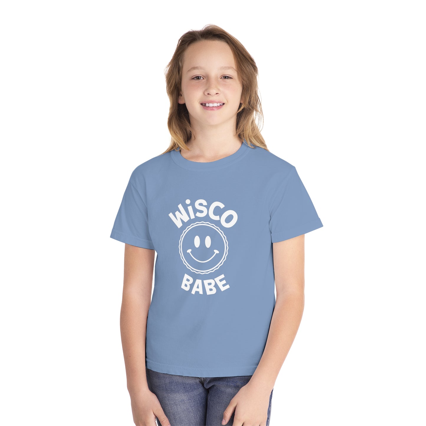 Cheerful Youth Tee - Wisco Babe Smiley Face T-Shirt, Gift for Kids, Summer Wear, Casual Outfit, Unique Holiday Gift